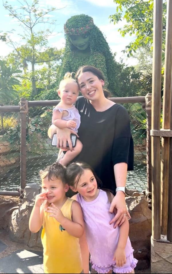 Haley Sisk posing with her three children, Everly, Ryder, and Ella, at Disney World in Orlando, Florida in August 2024