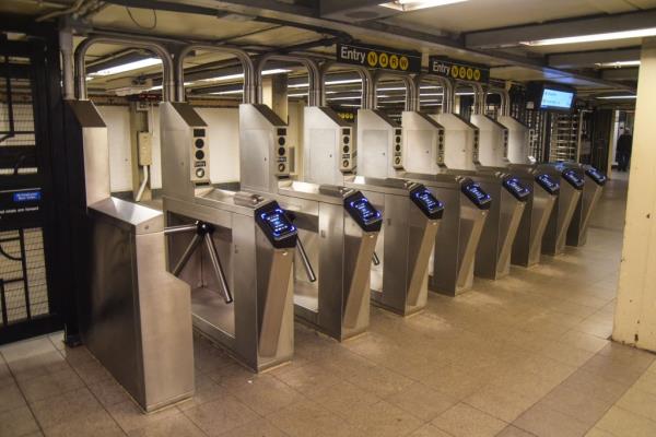 The turnstiles at the entrance of the 57th Street-Seventh Avenue subway station.