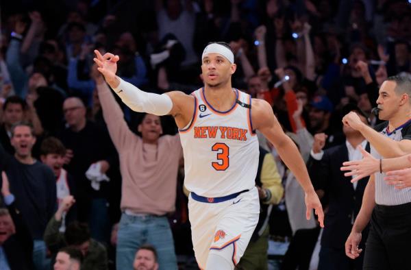 Josh Hart #3 reacts after he hits a three point shot during the fourth quarter. The New York Knicks defeat the Miami Heat 111-105.