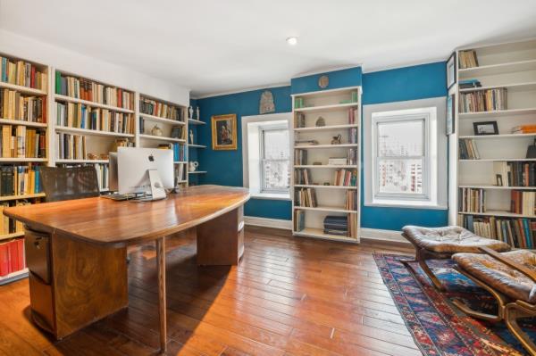 Custom bookcases create a cozy space