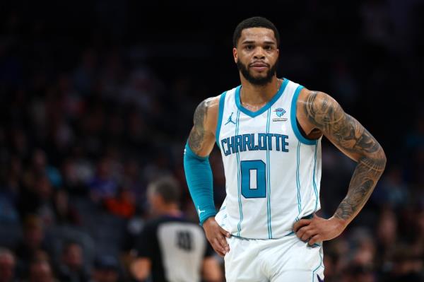 Miles Bridges #0 of the Charlotte Hornets looks on during the second half of the game against the Toro<em></em>nto Raptors at Spectrum Center on February 07, 2024