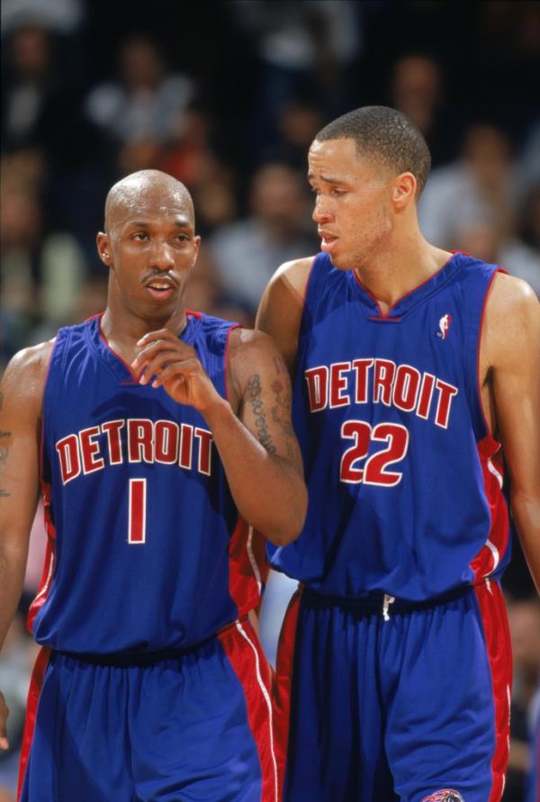 Chauncey Billups #1 and Tayshaun Prince #22 of the Detroit Pistons talk during a game against the Golden State Warriors at The Arena.