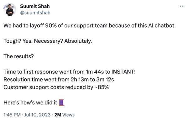 Shah took to Twitter to share how Dukaan's AI chatbot, Lina, has improved customer support respo<em></em>nse times and costs.