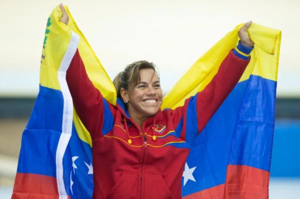 Daniela Larreal of Venezuela reacts after winning the gold medal in women's sprint as part of day five of the X South American Games Santiago 2014 at Penalolen Velodrome.
