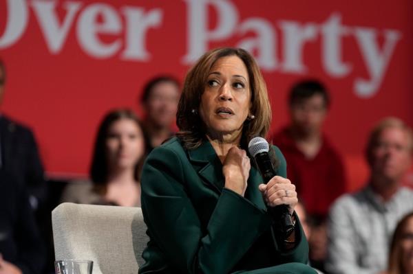 Vice President Kamala Harris, the Democratic presidential nominee, delivering a speech during a town hall at the Sharon Lynne Wilson Center for the Arts in Brookfield, Wisconsin