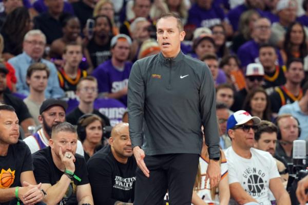 Phoenix Suns head coach Frank Vogel in a black shirt, while coaching half of game four of 2024 NBA playoffs, before being fired after playoff sweep