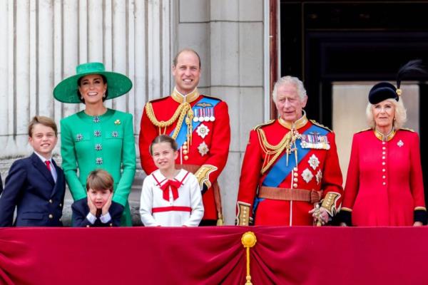 King Charles III, Queen Camilla, and other members of the Royal Family on the balcony at the Trooping the Colour ceremony, Lo<em></em>ndon 2023