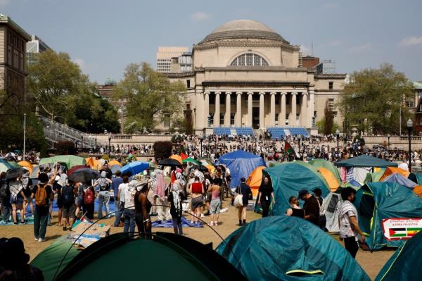 Student protesters gathered inside their encampment on the Columbia University campus in New York, April 29, 2024