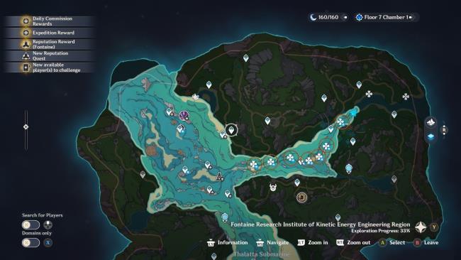 Genshin Impact underwater locations for romaritime flowers. Locations are indicated with a white clover and circled in orange. The range to find them is from the New Fo<em></em>ntaine Research Institute to the far right portion of the map near the Central Laboratory Ruins. The highlighted part of the map indicates underwater areas, while the land is dimmed.