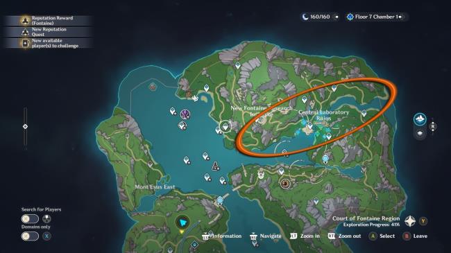 Genshin Impact farming area for romaritime flowers circled in orange on the in-game map. The circled area is near the New Fo<em></em>ntaine Research Institute and the Central Laboratory Ruins.