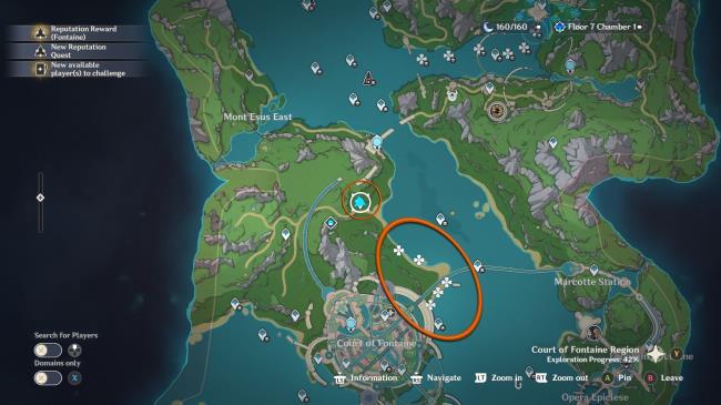 Genshin Impact romaritime flower cluster one circled on the in-game map in orange with white clover markings to represent romaritime flower locations. The best waypoint to use is also circled in orange.