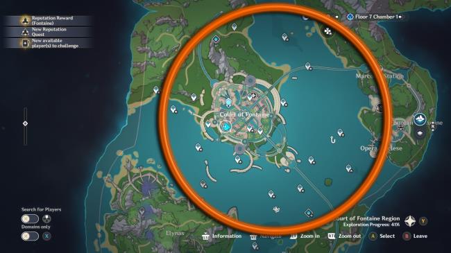 Genshin Impact romaritime flower farming area circled in orange around the Court of Fo<em></em>ntaine and extending to Marcotte Station.