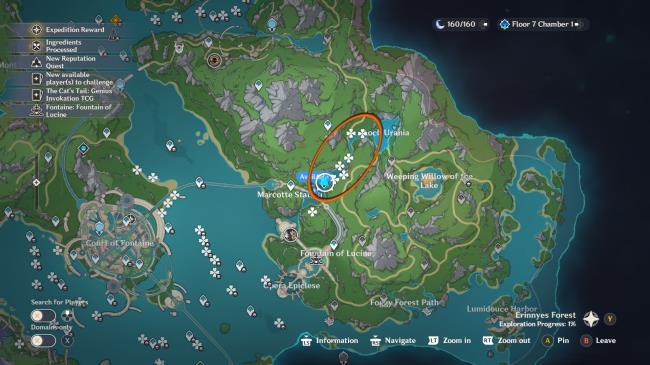 Genshin Impact in-game map with romaritime flower locations marked with white clover symbols. The location, including the waypoint to use is circled in orange on the map. 