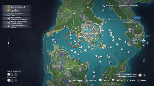 Genshin Impact romaritime flower location cluster two circled in orange for Court of Fo<em></em>ntaine area at Marcotte Station. Waypoint is shown at the blue arrow.