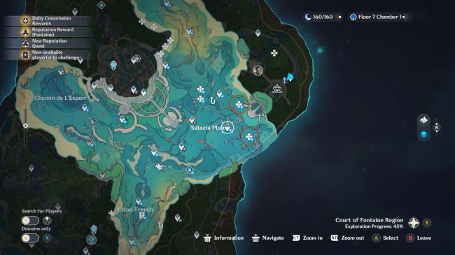 Genshin Impact in-game map with two areas displaying clover symbols circled in orange in the underwater area near the Opera Epiclese. The highlighted portion of the map is the underwater area, while the land portions are dimmed.