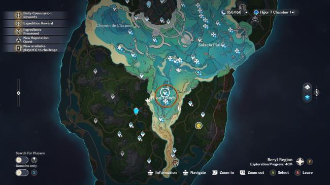 Genshin Impact in-game map with the underwater area highlighted. A clover symbol and waypoint are circled in orange to indicate the location of romaritime flowers.