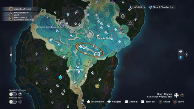 Genshin Impact in-game map with the underwater area highlighted. A fifth cluster of romaritime flower spawn locations indicated by a clover icon is circled in orange. 