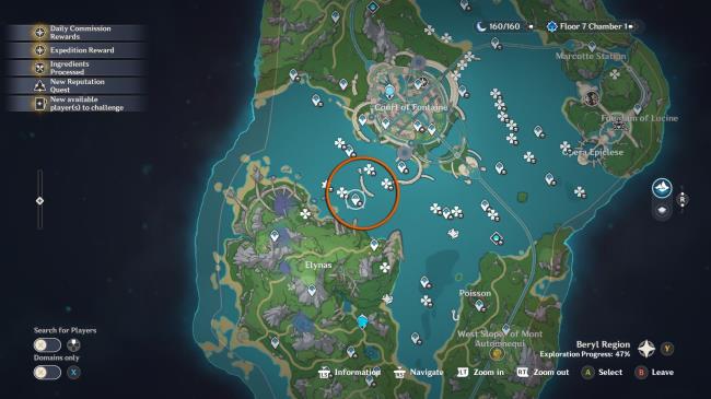 Genshin Impact in-game map with some clover icons circled in orange to indicate romaritime flower locations. 