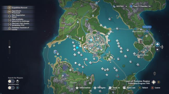 Genshin Impact in-game map showing a waypoint circled in orange and a blue arrow to the left of it pointing in its direction. This shows the direction to swim to get to the proper area for the next flower location without attracting the attention of nearby meks.