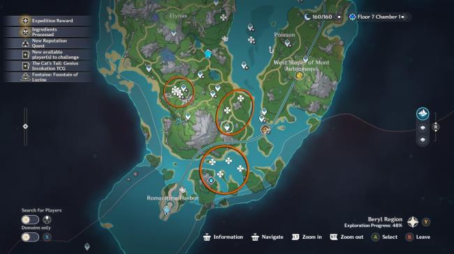 Genshin Impact in-game map showing three separate clusters of romaritime flowers depicted by white clover symbols. Each cluster is circled in orange, with the respective waypoints for fast travel. 