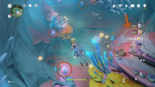 Genshin Impact avatar swimming in Merusea Village. Locations for romaritime flowers are circled in orange, and one that isn't visible is indicated with an orange directio<em></em>nal arrow. 