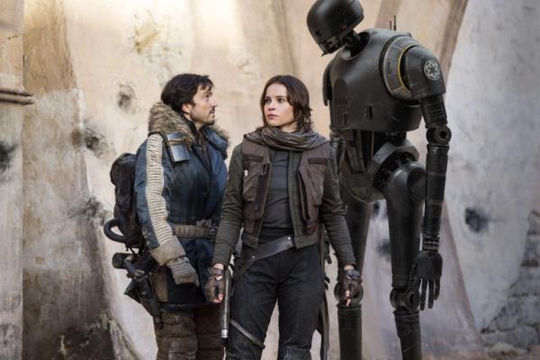 L to R: Diego Luna, Felicity Jo<em></em>nes and K-2SO voiced by Alan Tudyk 'Rogue One: A Star Wars Story' 