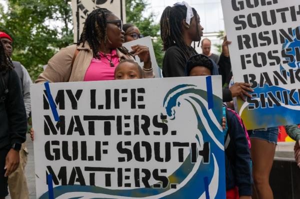 Climate protesters demo<em></em>nstrate in front of Citibank's global headquarters on lower Manhattan on Sept. 23, 2024. 
