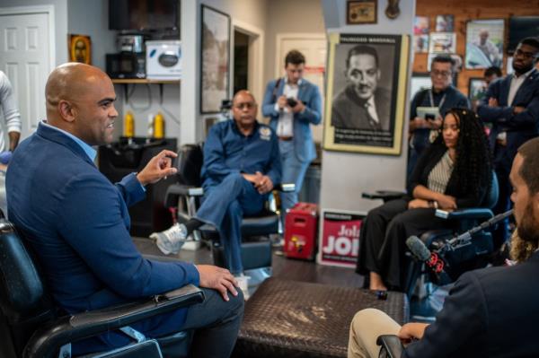 Cruz's oppo<em></em>nent Rep. Colin Allred speaking to local black business leaders in Goode Looks Barber Shop in Houston on Aug. 30, 2024.