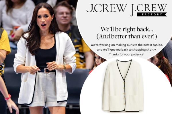 (Left) Meghan Markle, 42. (Top right inset) A screenshot of J. Crew's crashed site. (Bottom right inset) A picture of Markle's $158 sweater blazer.  