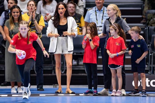 Britain's Meghan, Duchess of Sussex cheers during a children's event at the 2023 Invictus Games in Duesseldorf, western Germany on September 13, 2023. The Invictus Games, an internatio<em></em>nal sports competition for wounded soldiers founded by British royal Prince Harry in 2014 run from September 9 to 16, 2023 in Duesseldorf.