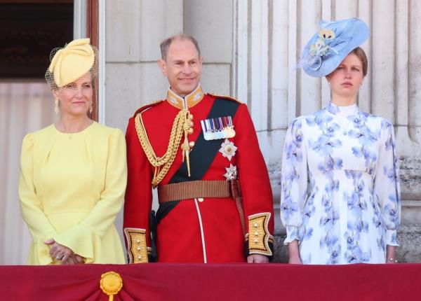Prince Edward, Duchess Sophie, and Lady Louise at Trooping the Colour Parade 2024 in front of Buckingham Palace with soldiers and horses in the background