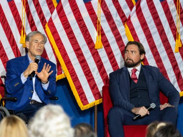 Texas Gov. Greg Abbott speaking at a town hall event with Arizona Rep. Eli Crane in Mesa on Sept. 3, 2024.