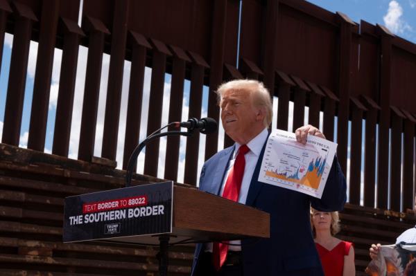 Former President Do<em></em>nald Trump speaking at the U.S.-Mexico border in Sierra Vista, Arizona during his 2024 Presidential Campaign