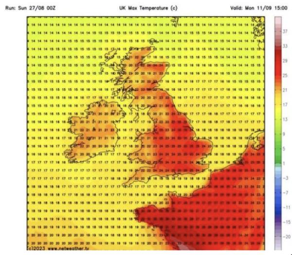A red surge is forecast to be pushing northwards from the continent