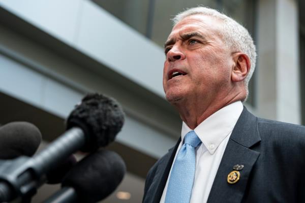 Rep. Brad Wenstrup (R-OH), chairman of the House Oversight and Accountability Subcommittee on Coro<em></em>navirus Pandemic, speaks to reporters outside of a closed-door interview with former Gov. Andrew Cuomo (D-NY), not pictured, on Capitol Hill, on June 11, 2024 in Washington, DC. 