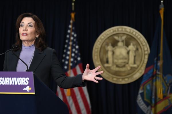 Gov. Kathy Hochul is joined by NY District Attorneys, including DA Alvin Bragg, at a press co<em></em>nference to announce the 35.6 million dollars that will be put towards the reduction and prevention of domestic violence.