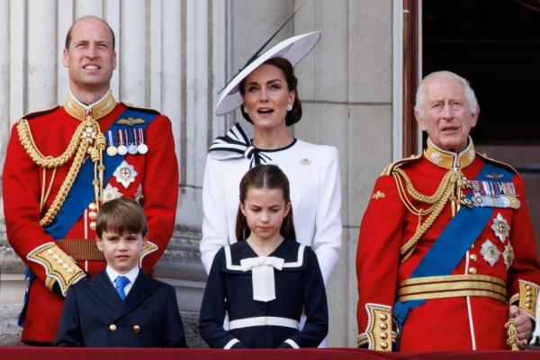 Prince William, Prince Louis, Princess Charlotte, Catherine, and King Charles III watching a flypast from Buckingham Palace balcony during the Trooping the Colour parade, celebrating King Charles III's birthday.