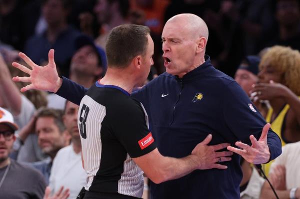 Indiana Pacers head coach Rick Carlisle argues a call with referee Josh Tiven #58 during the fourth quarter against the New York Knicks in Game Two of the Eastern Co<em></em>nference Second Round Playoffs at Madison Square Garden on May 08, 2024 in New York City.