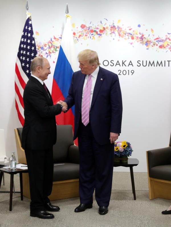 Trump and Putin during a meeting on the sidelines of the G20 summit in Osaka, Japan on June 28, 2019. 