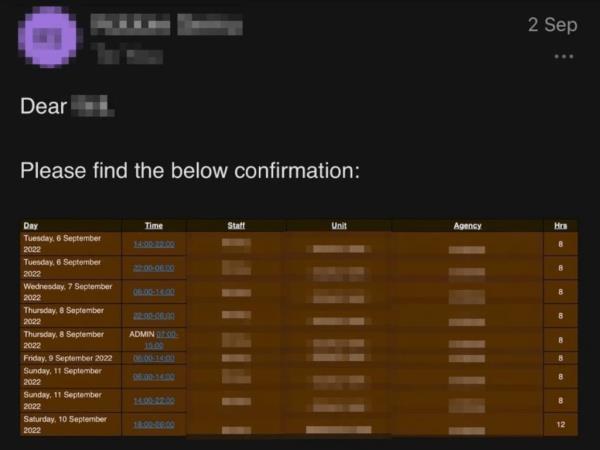 A time sheet of a Care Group employee who said he regularly worked 76 hour work weeks.