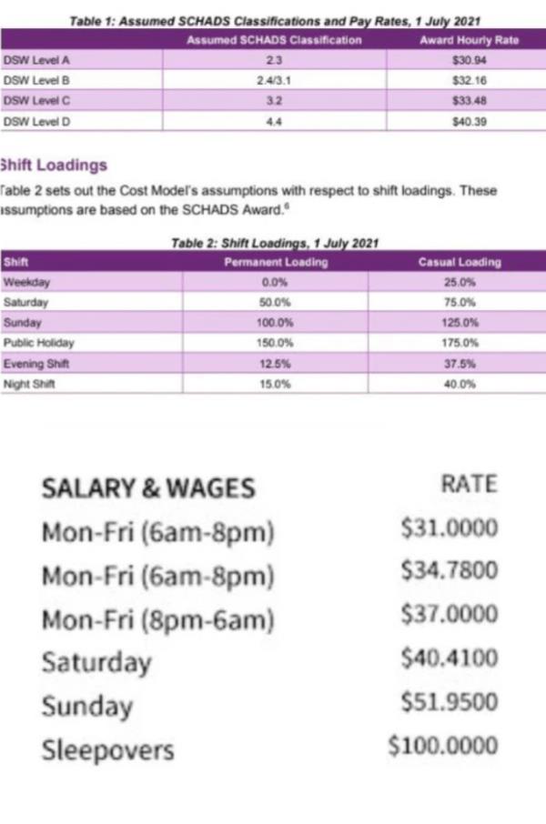 The pay classifications advised by the NDIS versus the rates Jamal was paid in the 2021-22 financial year.