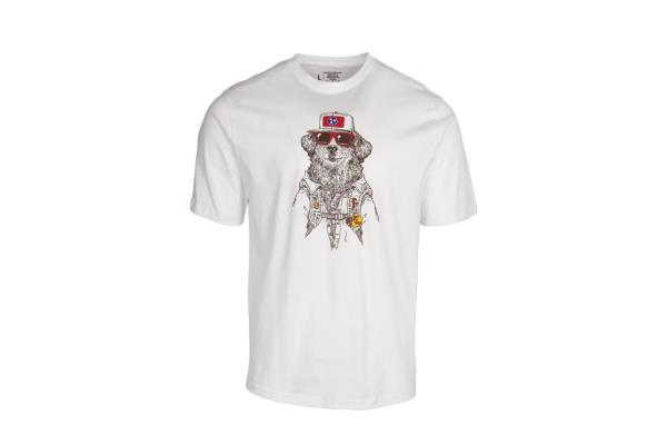 A white t-shirt with a cartoon of a dog