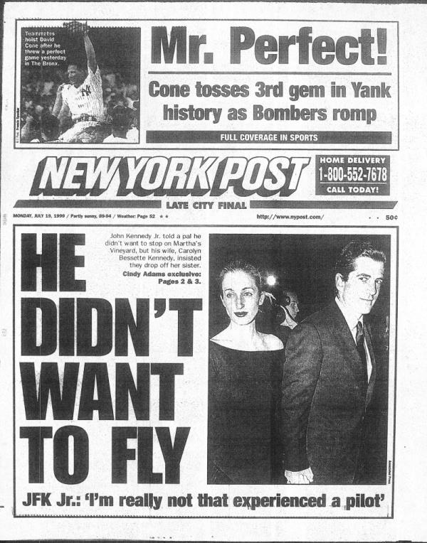 1999 New York Post front page featuring John F. Kennedy Jr. and wife Carolyn Bessette-Kennedy, reporting their tragic death in a plane crash