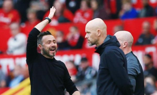 Brighton & Hove Albion manager Roberto De Zerbi reacts during Manchester United v Brighton & Hove Albion.
