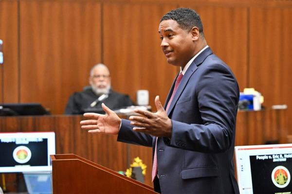 Deputy District Attorney John McKinney speaks to the jury as Judge H. Clay Jacke listens during closing arguments on June 30, 2022 in Los Angeles, California, during the People v Eric Holder, Jr trial over the death of Nipsey Hussle.