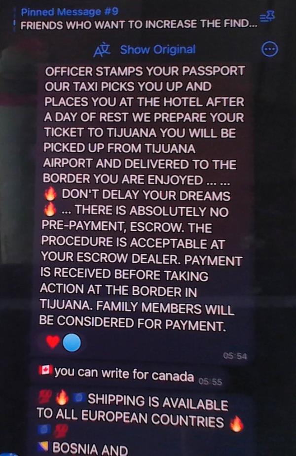 Messages from Turkish language Telegram channels advertise smuggling services for migrants seeking to cross the border into the US.