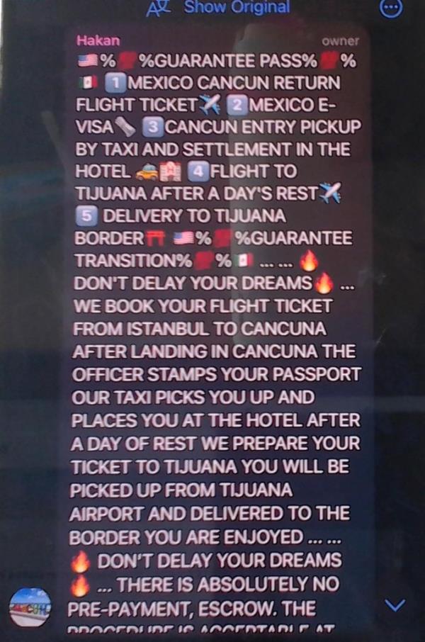 Messages from Turkish language Telegram channels advertise smuggling services for migrants seeking to cross the border into the US.