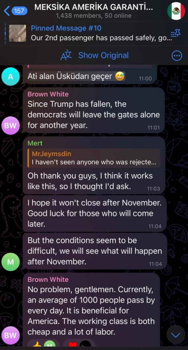Messages from Turkish language Telegram channels advertise smuggling services for migrants seeking to cross the border into the US.