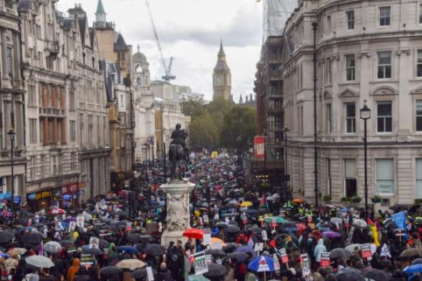 Mandatory Credit: Photo by Vuk Valcic/ZUMA Press Wire/Shutterstock (14160377g) Protesters pack Whitehall. Tens of thousands of people marched in central Lo<em></em>ndon in solidarity with Palestine as the Israel-Hamas war intensifies. Palestine Solidarity March in Central London, England, UK - 21 Oct 2023
