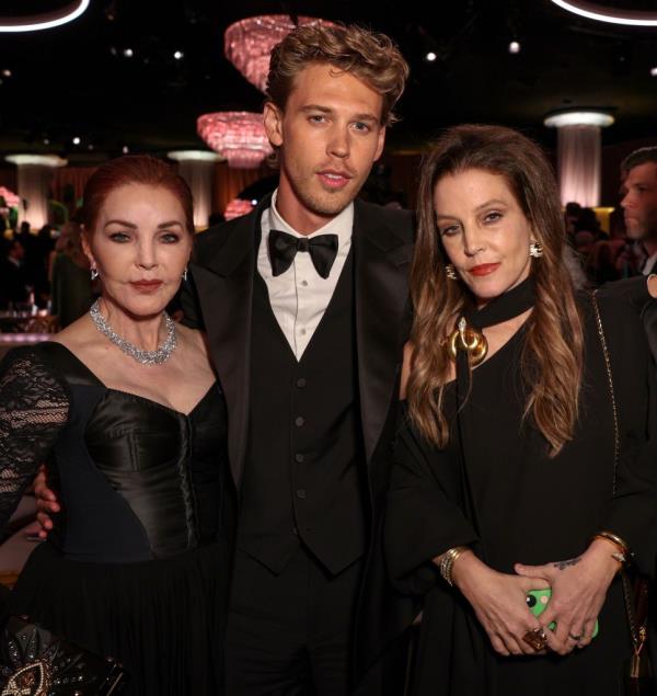 Priscilla Presley, Austin Butler and Lisa Marie Presley at the 2023 Golden Globes.